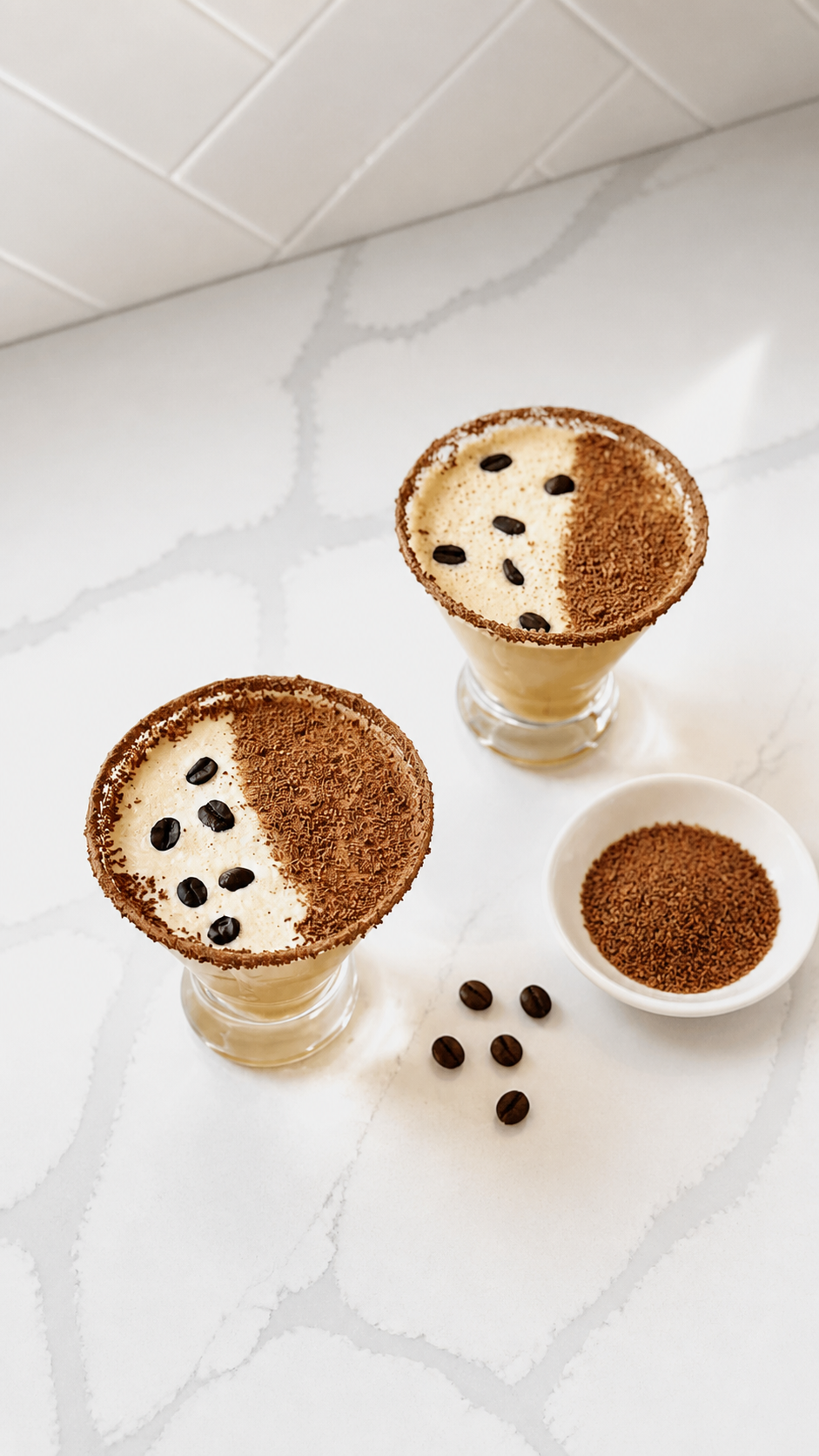 Overhead view of two creamy espresso martinis with grated dark chocolate.