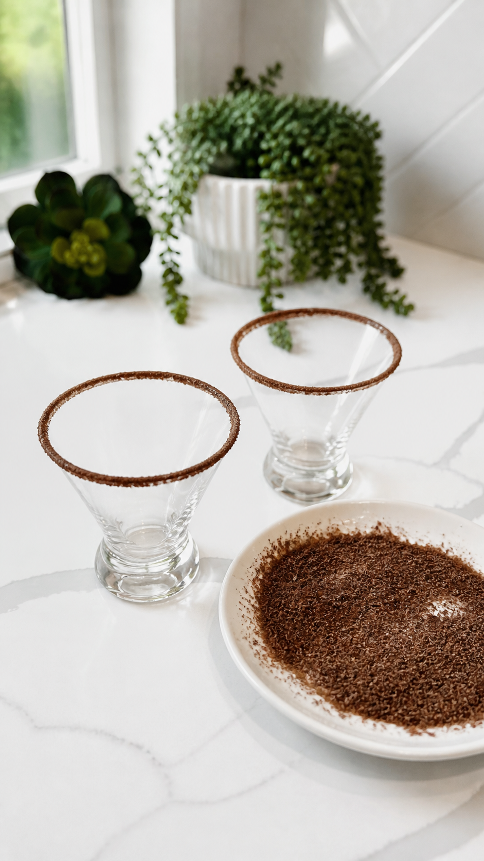 Two empty martini glasses prepared with finely grated dark chocolate rims.