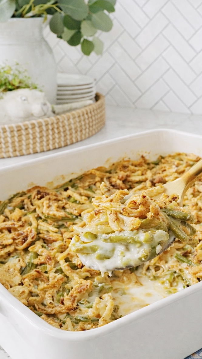 Finished crunchy green bean casserole served warm with golden fried onions