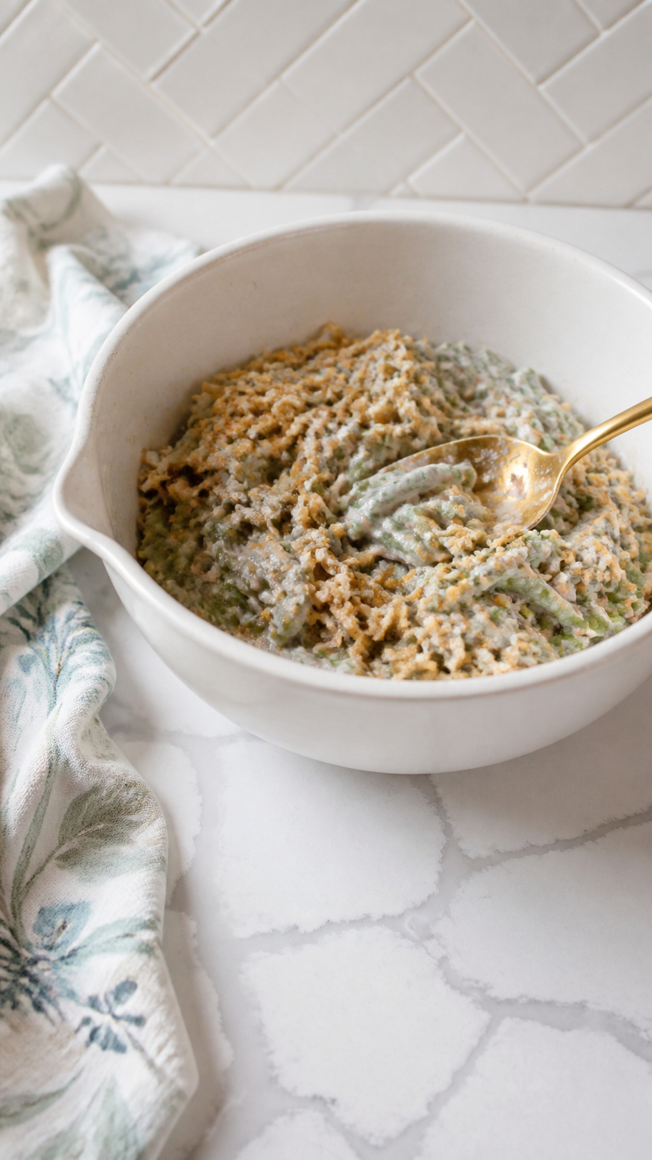 Creamy green bean casserole filling mixed with French fried onions in a white bowl