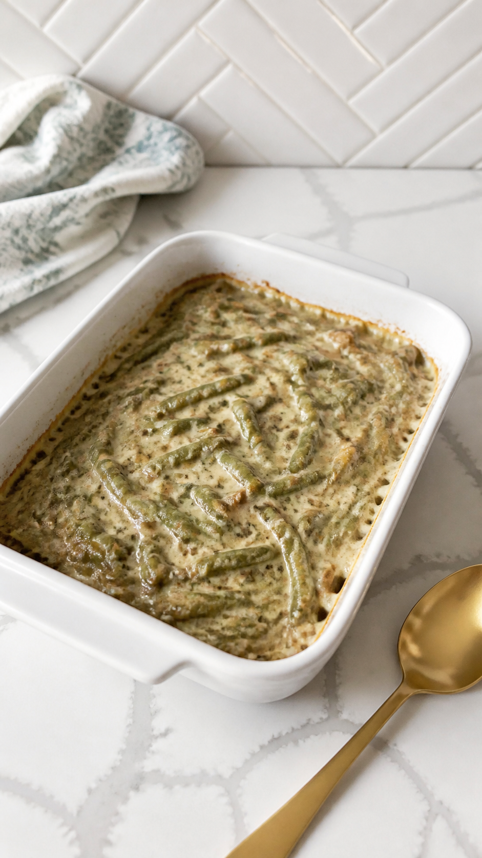 Hot bubbly green bean casserole in a white baking dish before the final onion topping
