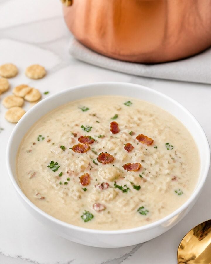 Finished easy New England clam chowder with small pieces of canned clams, peeled potatoes, bacon, and finely chopped parsley beside oyster crackers.