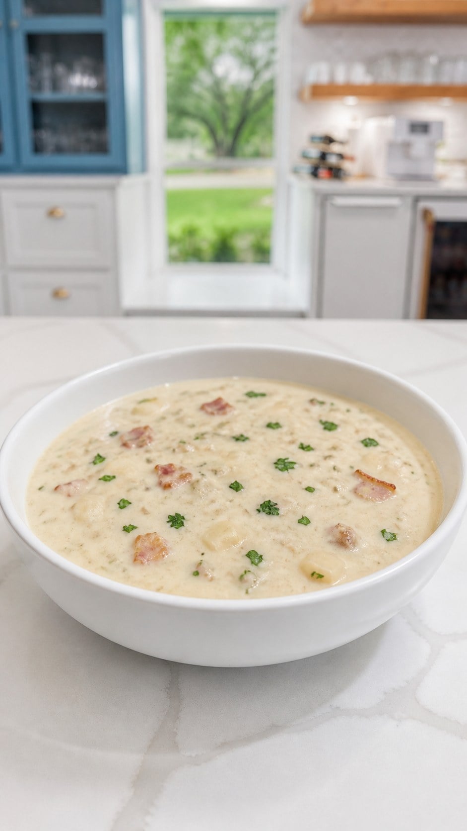Close view of creamy New England clam chowder showing clams, red potatoes, and bacon.
