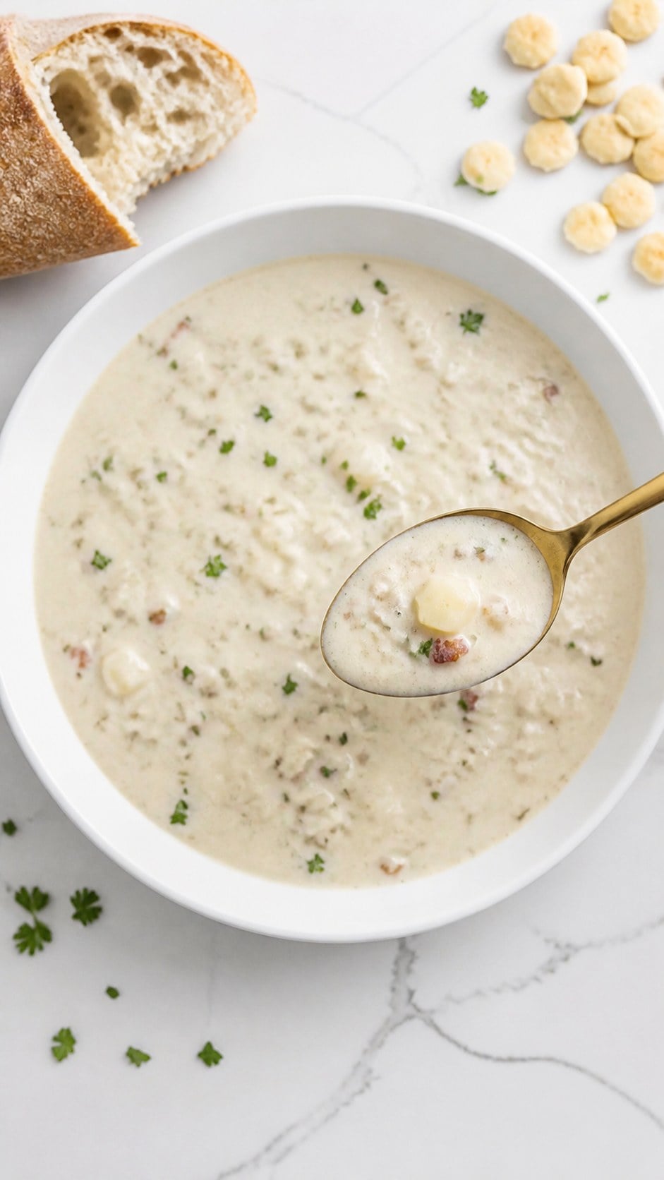 Spoonful of creamy New England clam chowder with small pieces of canned clam meat, red potato, bacon, and parsley.