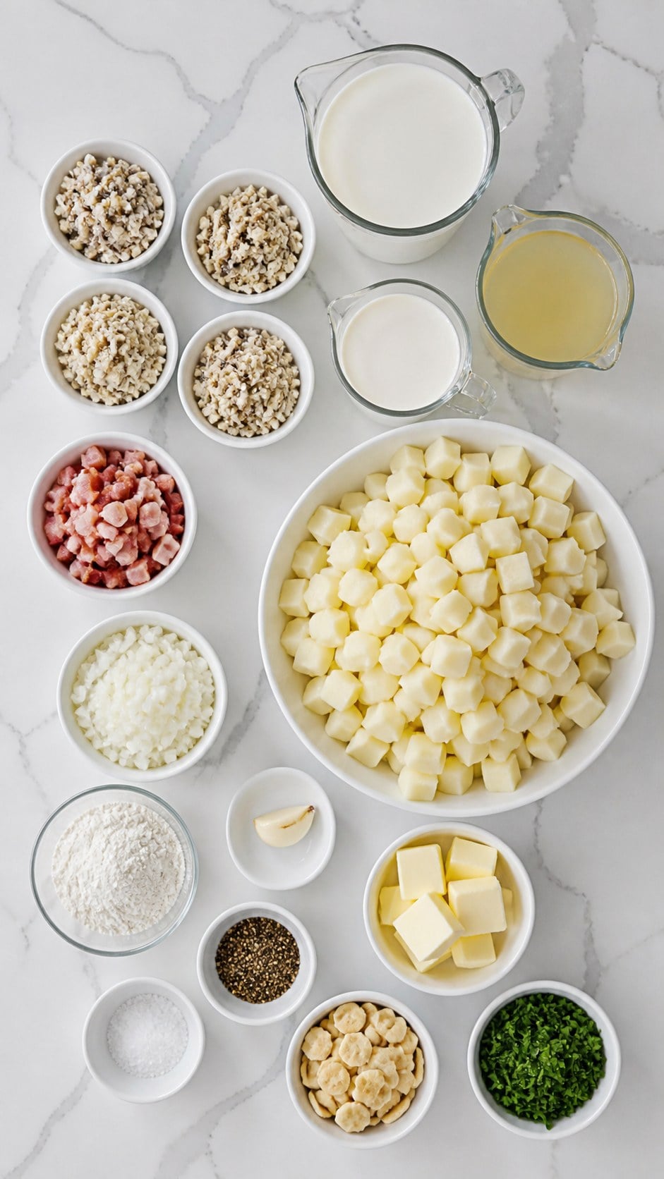 Ingredients for New England clam chowder including small pieces of canned clams, bacon, red potatoes, onion, milk, cream, flour, garlic, clam juice, and fresh parsley.