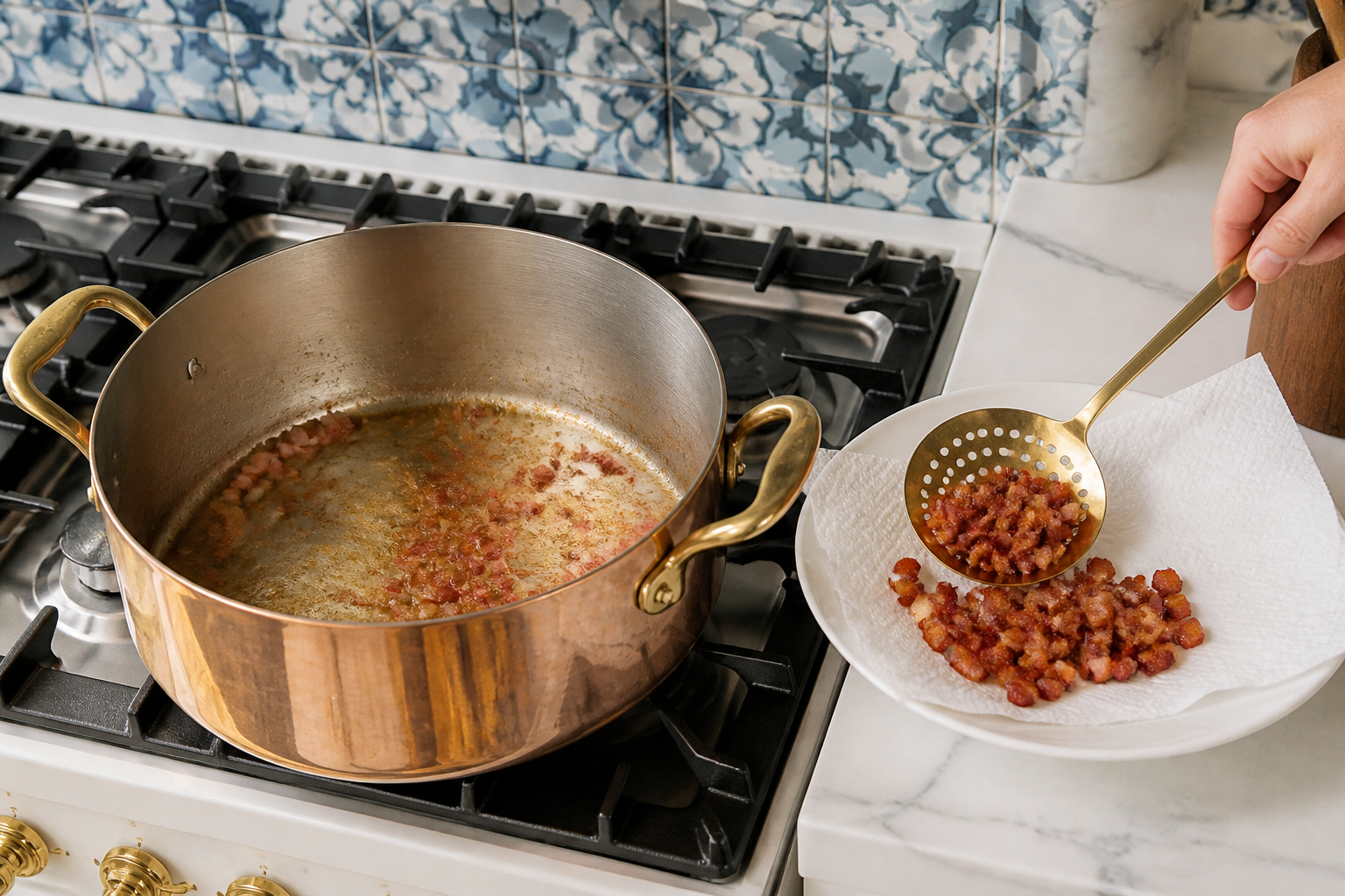Crisp diced bacon lifted from a copper soup pot for New England clam chowder.