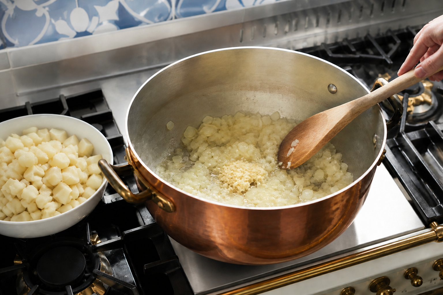 Minced garlic stirred into softened onion with peeled red potato cubes ready beside the pot.