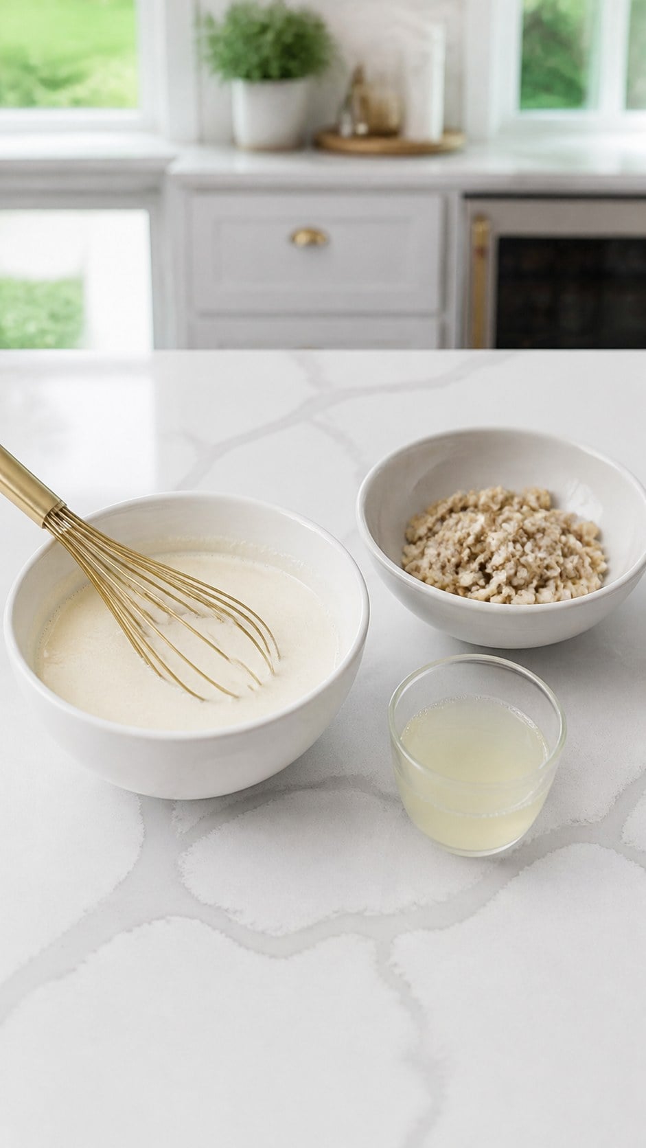 Smooth milk and flour mixture being whisked before thickening clam chowder.