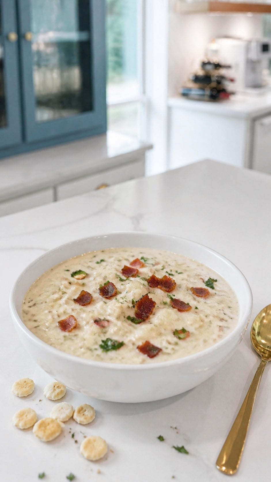 Finished clam chowder garnished with finely chopped parsley and crisp bacon.