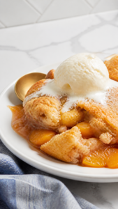 Rustic Bisquick peach cobbler with juicy peaches, golden topping, melting vanilla ice cream, and a plain white plate.