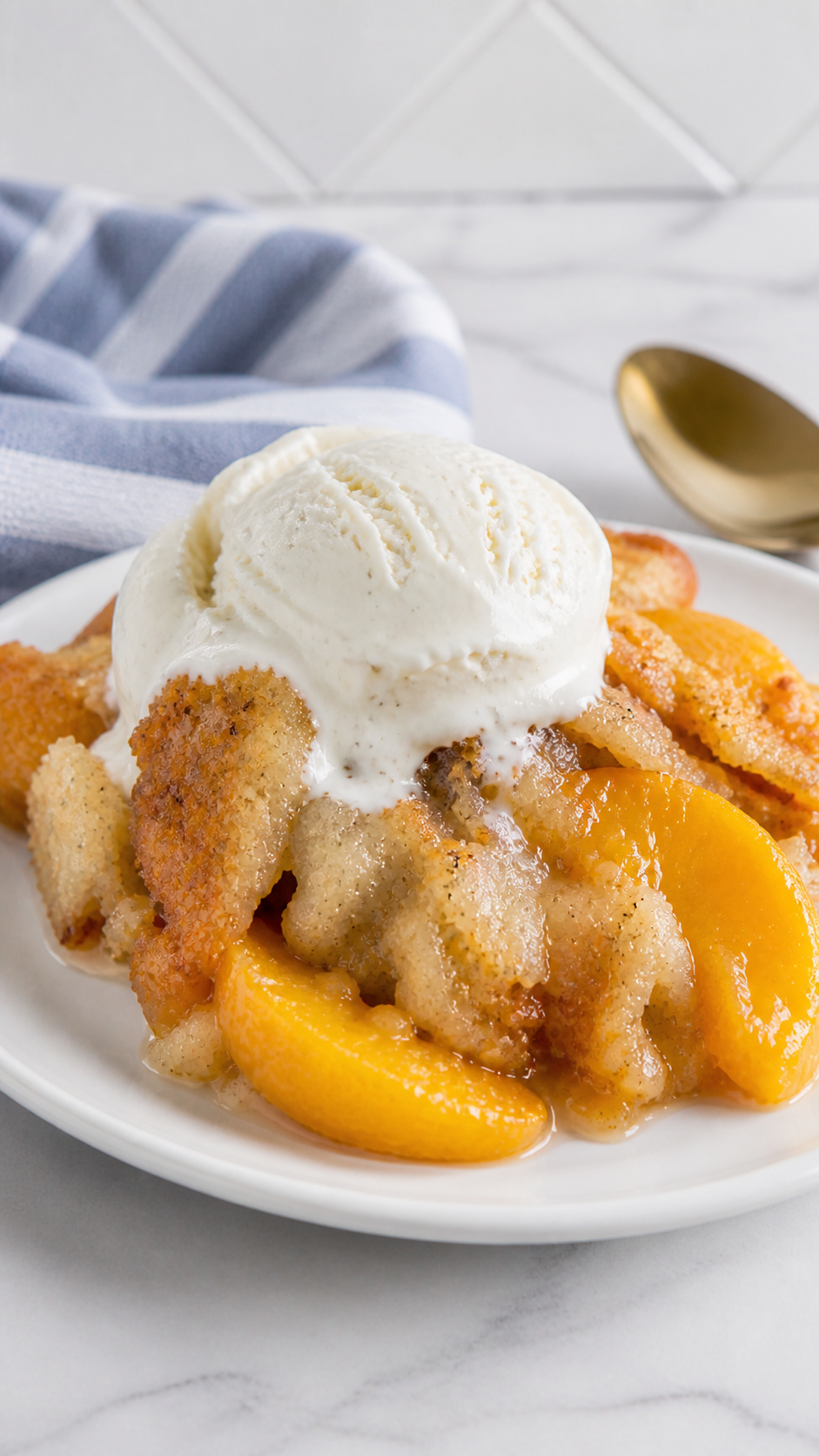 Homemade Bisquick peach cobbler with vanilla ice cream served on a plain white plate.