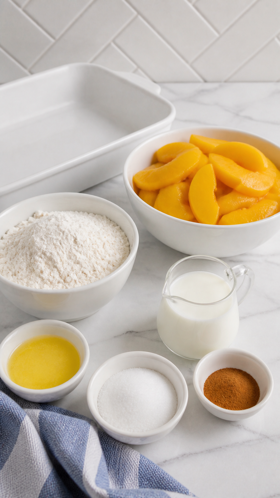 Ingredients for Bisquick peach cobbler with peaches, baking mix, milk, butter, sugar, cinnamon, and a white ceramic baking dish.