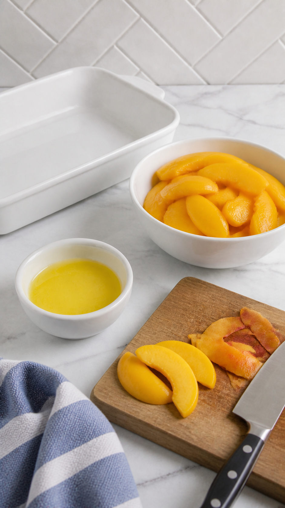 Peeled sliced peaches, melted butter, and a white ceramic baking dish ready for Bisquick peach cobbler.