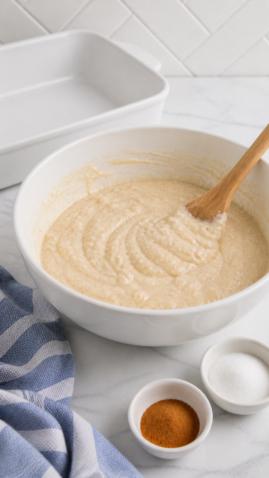 Cinnamon-speckled Bisquick cobbler batter stirred in a white ceramic bowl.