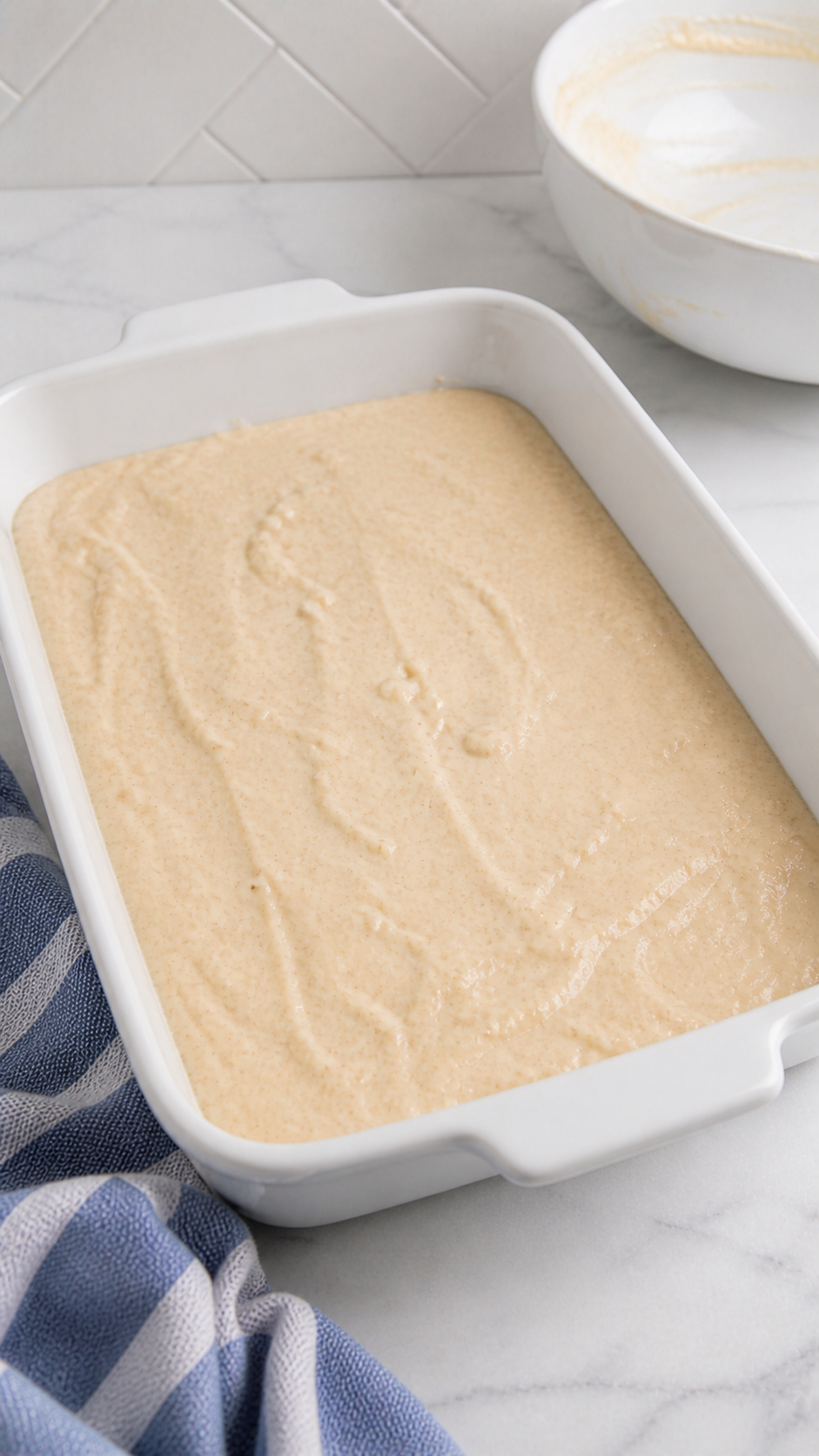 Bisquick cobbler batter spread in a plain white ceramic 9x13 baking dish.