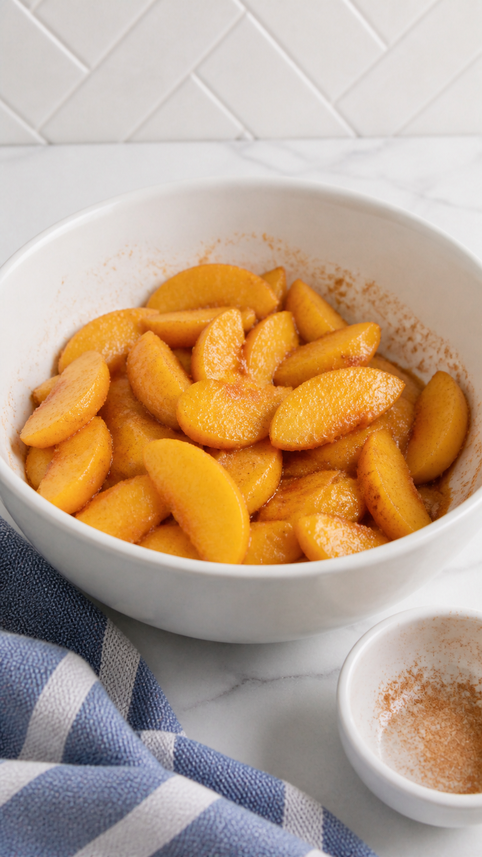 Sliced peaches tossed with cinnamon and sugar in a white ceramic bowl for peach cobbler.