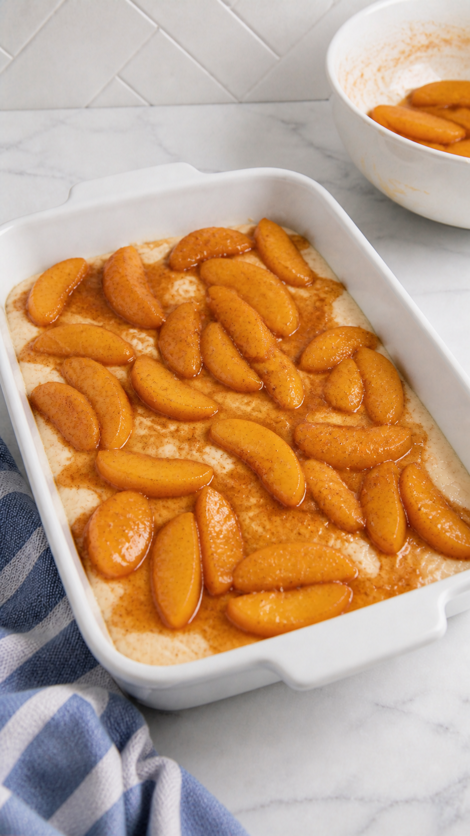 Cinnamon-sugar peaches spooned over Bisquick cobbler batter in a white ceramic baking dish.