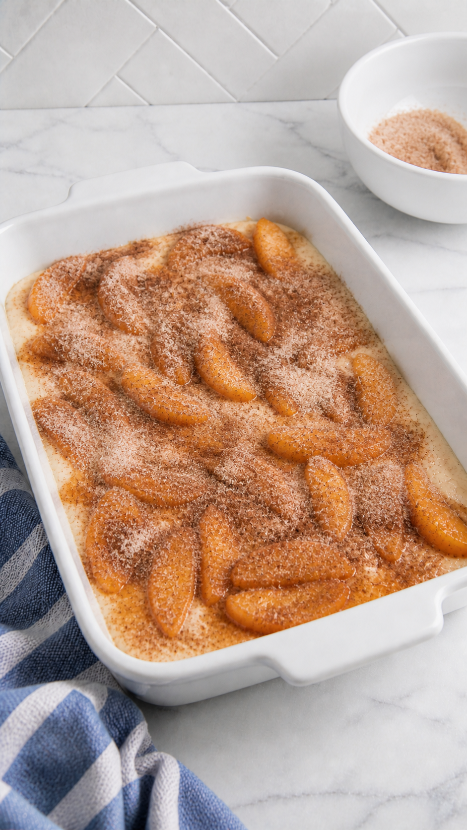 Cinnamon sugar topping sprinkled over peaches and batter in a white ceramic baking dish.