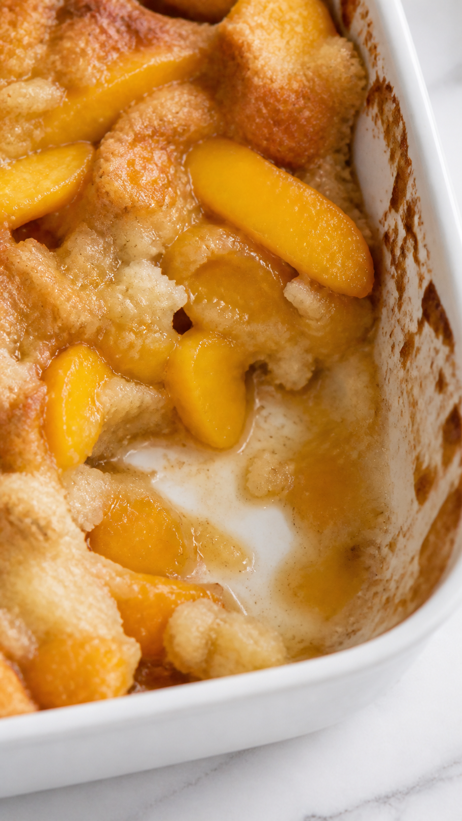 Baked peach cobbler in a white ceramic baking dish with juicy peaches and a spooned-out corner.