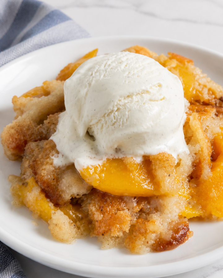 Warm peach cobbler served with melting vanilla ice cream on a plain white plate.