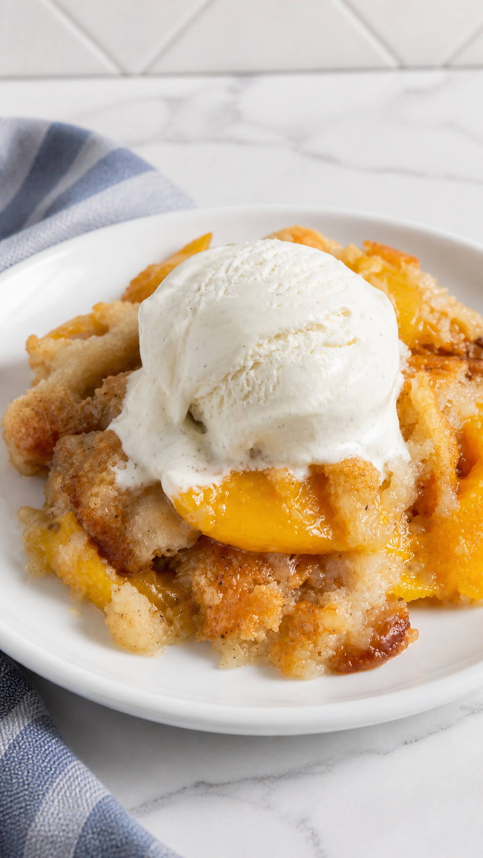 Warm peach cobbler served with melting vanilla ice cream on a plain white plate.