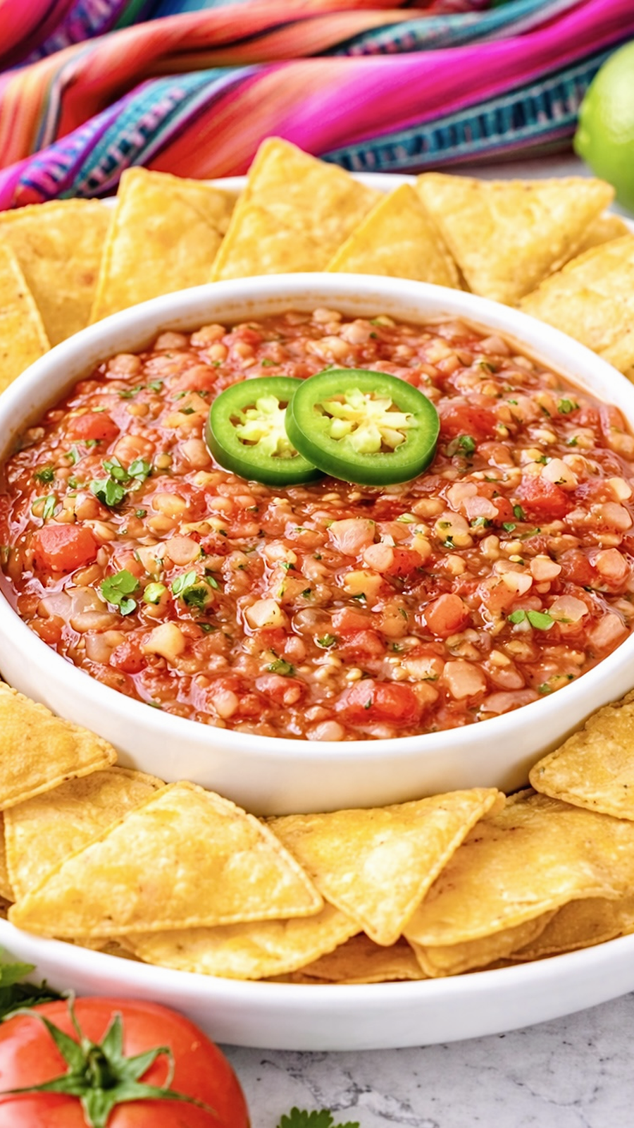 Finished chunky fresh tomato salsa served with crisp tortilla chips and lime.