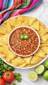 Fresh tomato salsa in a white bowl surrounded by tortilla chips on a bright kitchen counter.