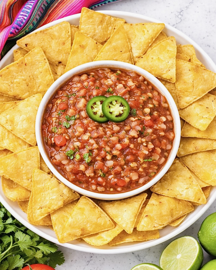 Fresh tomato salsa in a white bowl surrounded by tortilla chips on a bright kitchen counter.