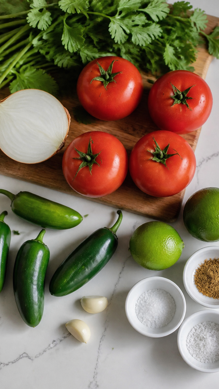 Tomatoes, sweet onion, four jalapeños, garlic, cilantro, limes, salt, cumin, and optional MSG for fresh tomato salsa.