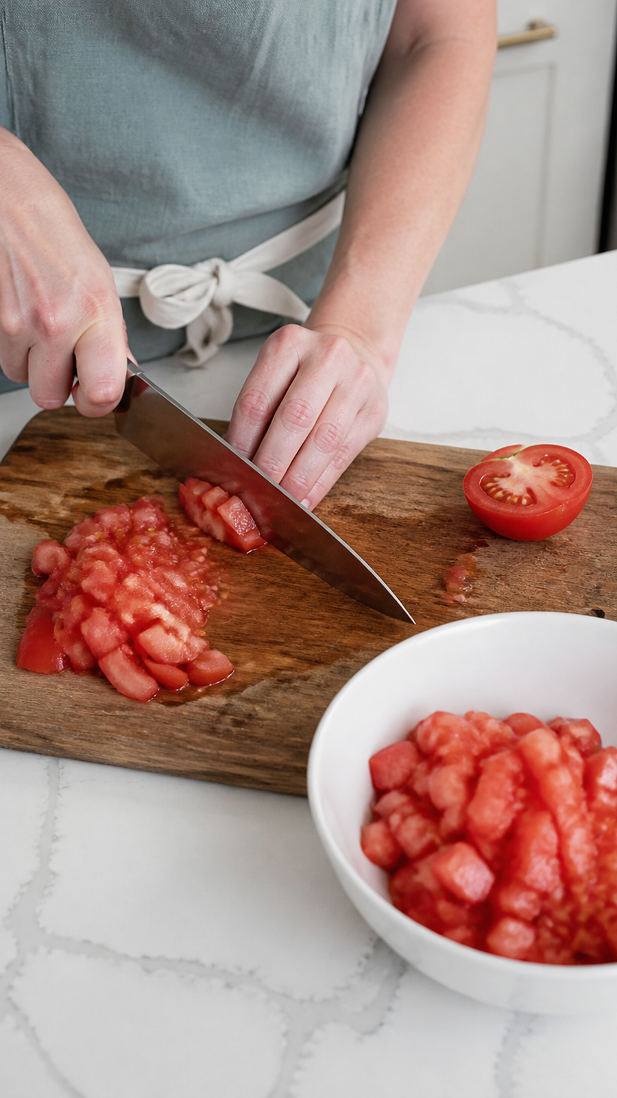 Seeding and chopping ripe tomatoes for fresh tomato salsa with a proper chef knife grip.