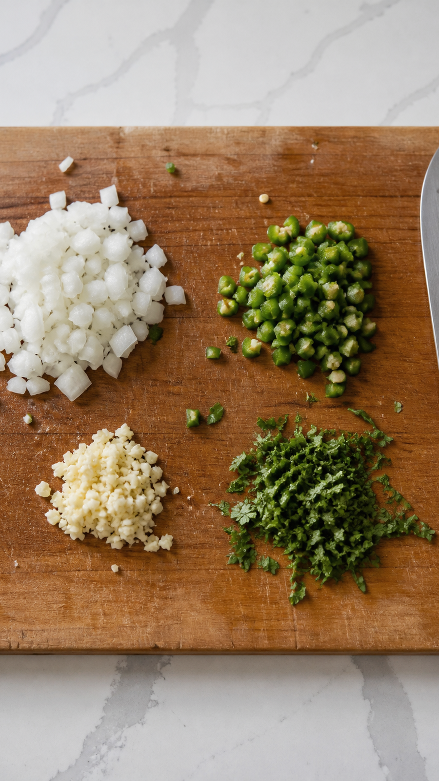 Finely diced onion and jalapeño with minced garlic and chopped cilantro on a cutting board.