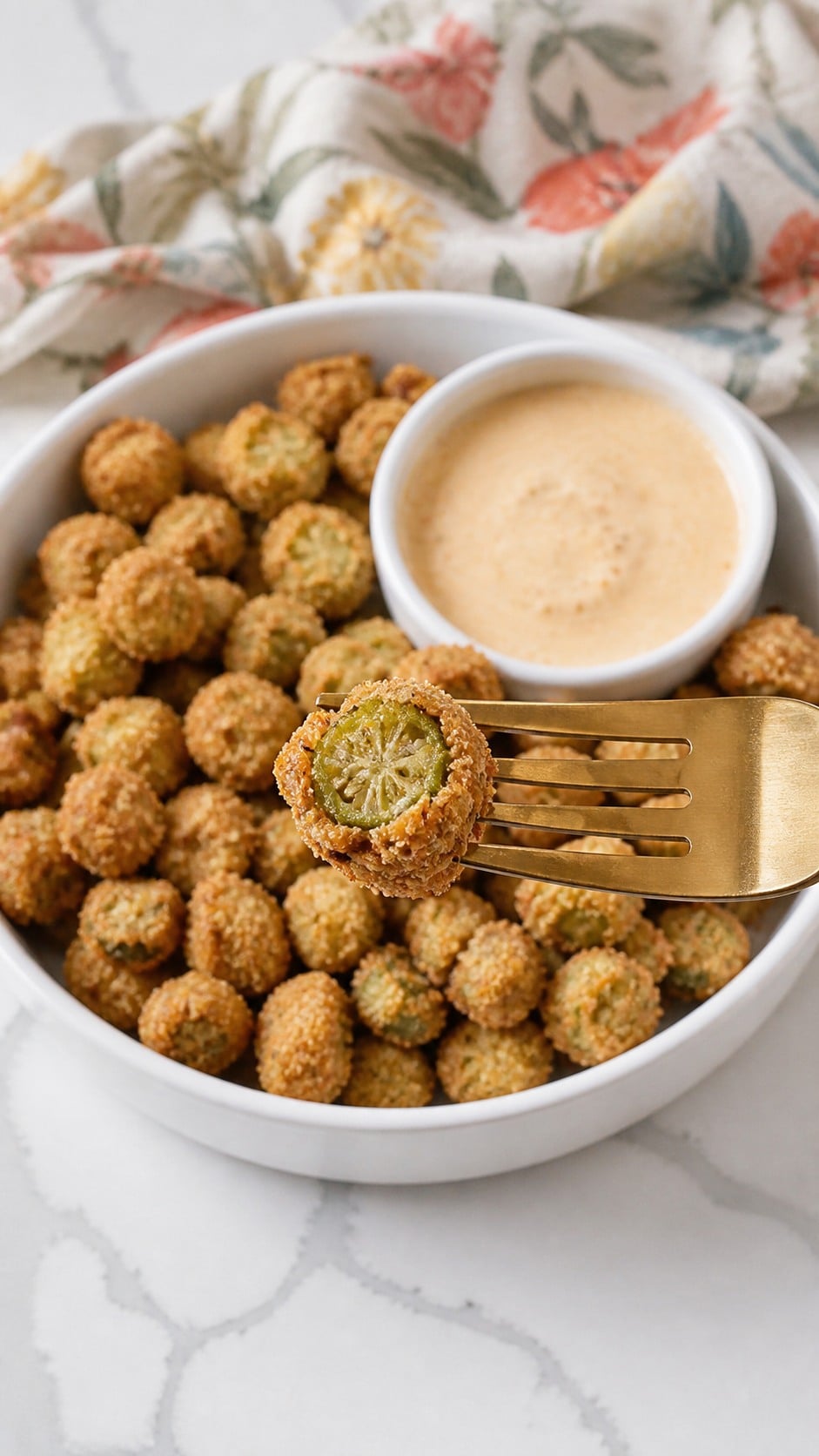 Crispy fried okra served hot with a small bowl of creamy dipping sauce.
