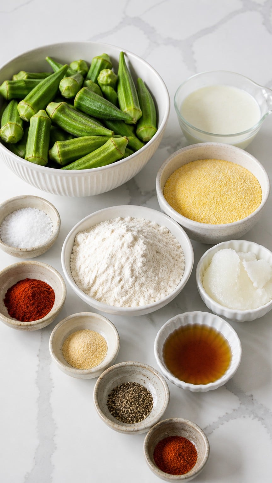 Fresh okra, buttermilk, yellow cornmeal, flour, seasonings, shortening, and bacon grease for fried okra.