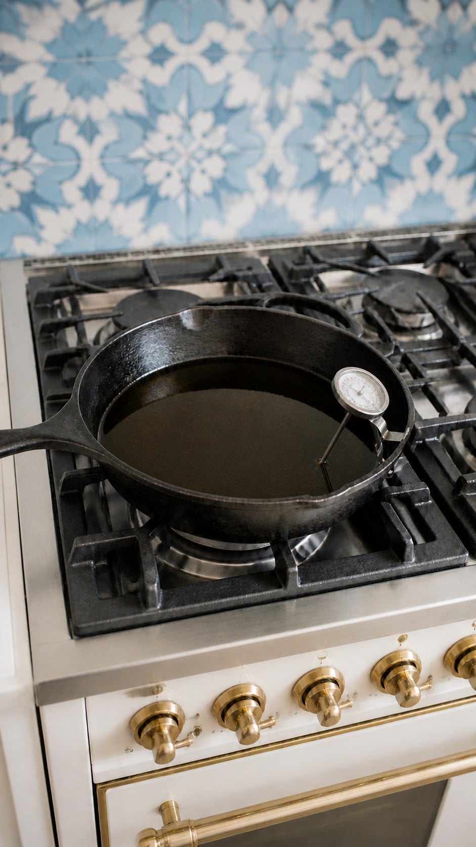 Cast-iron skillet with shortening and bacon grease heated for fried okra on Jennifer's white and brass range.