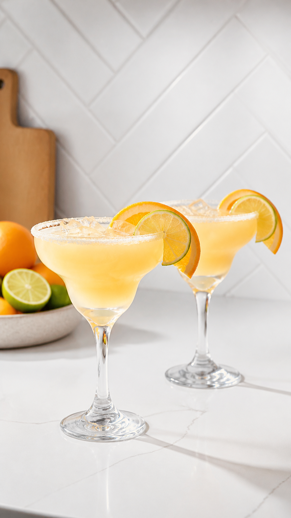Two finished Italian margaritas with sugar rims and orange-lime garnish.
