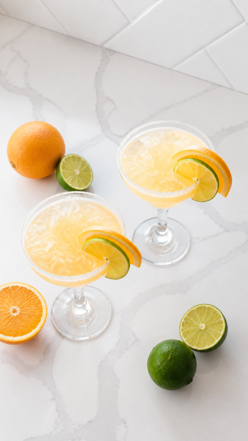 Overhead view of two Italian margaritas with fresh oranges and limes.