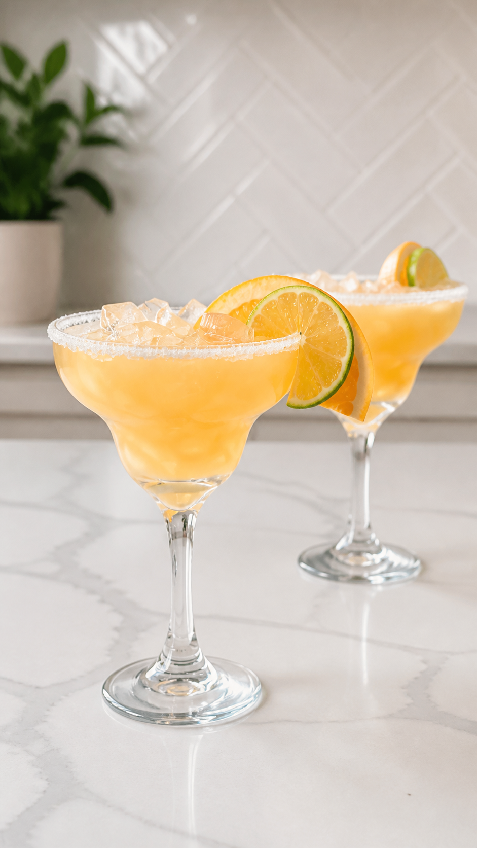 Two Italian margaritas with sugar rims, clear ice, and fresh orange-lime garnish.