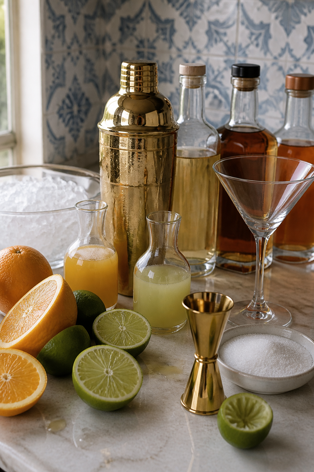 Fresh citrus and measured spirits for Italian margaritas with a polished gold cocktail shaker and jigger.