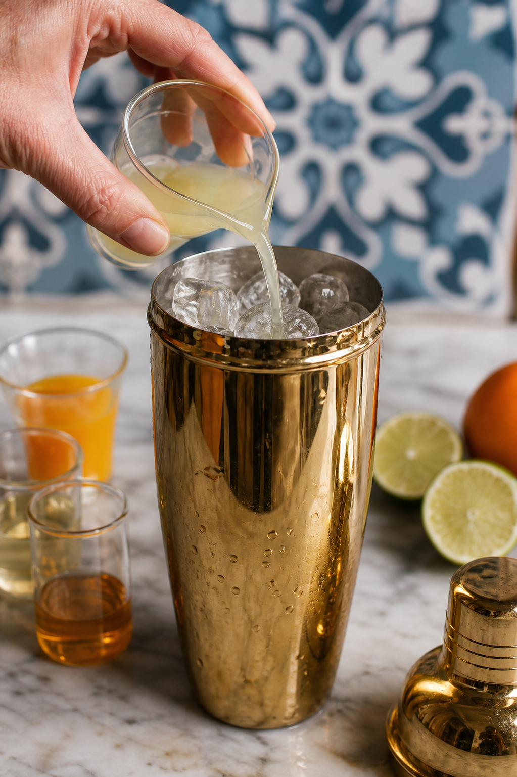 Fresh citrus and measured spirits added to an ice-filled polished gold cocktail shaker.