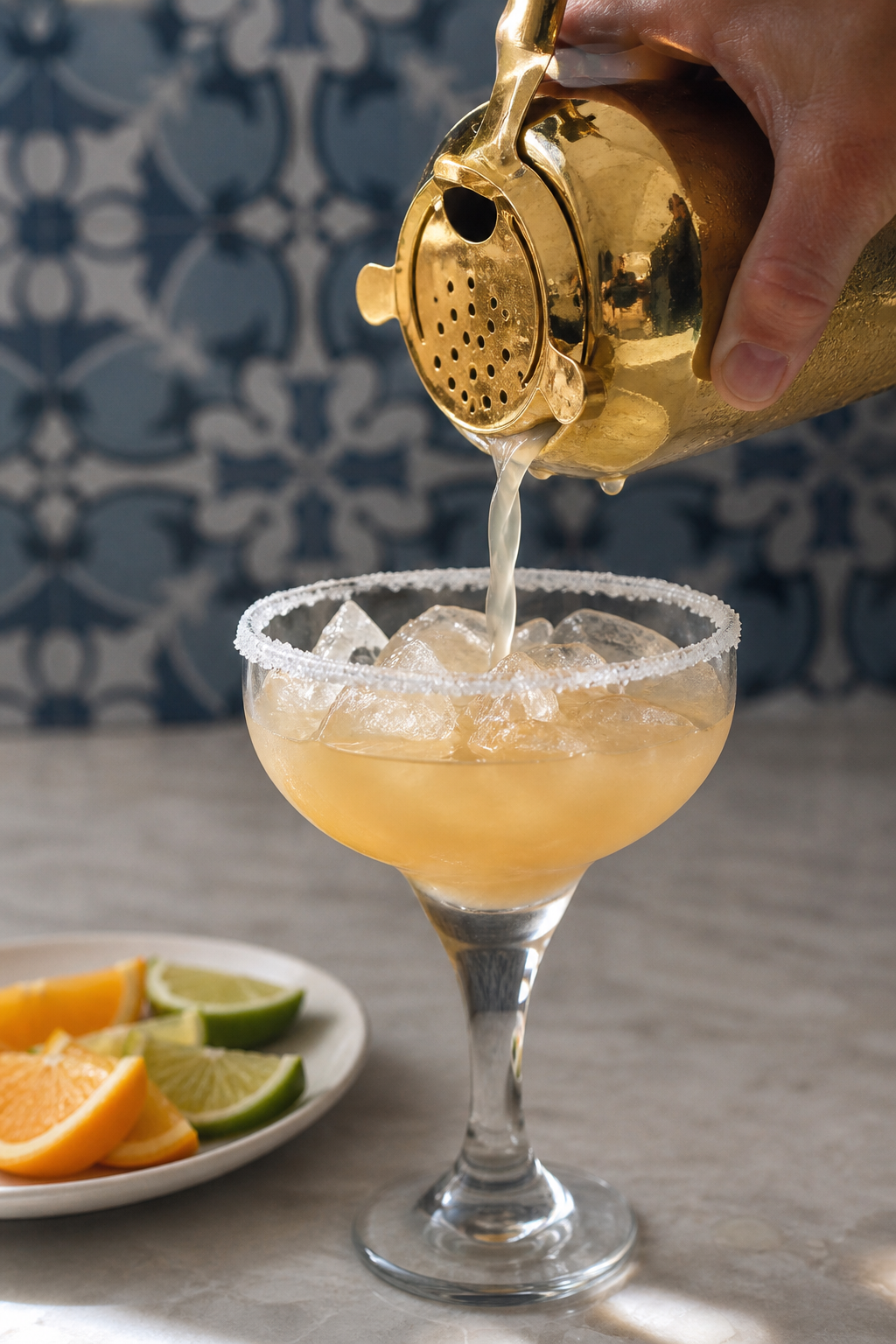 Italian margarita strained from a polished gold shaker into a sugar-rimmed glass over fresh ice.
