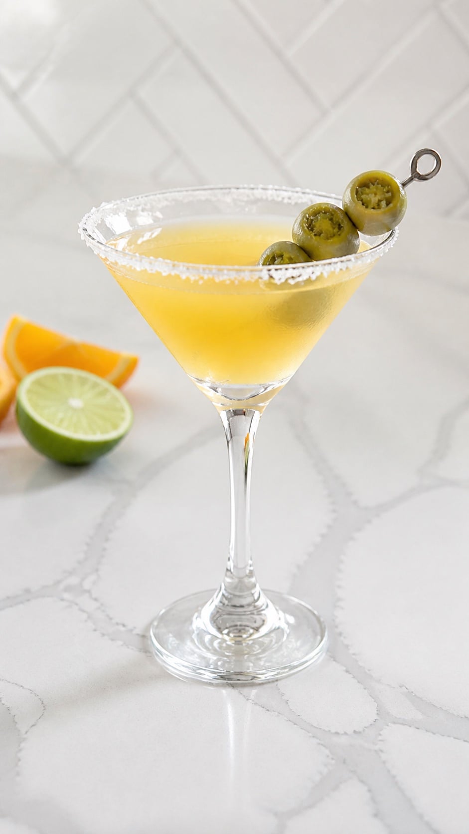 Finished golden Mexican martini with a salted rim and three jalapeño-stuffed olives.