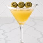 Austin-style Mexican martini with a salted rim and three jalapeño-stuffed olives.