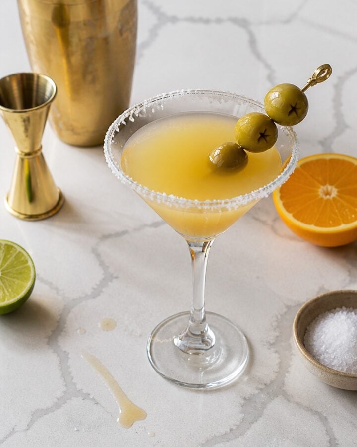Overhead Mexican martini with a salted rim, three olives, citrus, coarse salt, and naturally worn gold barware.