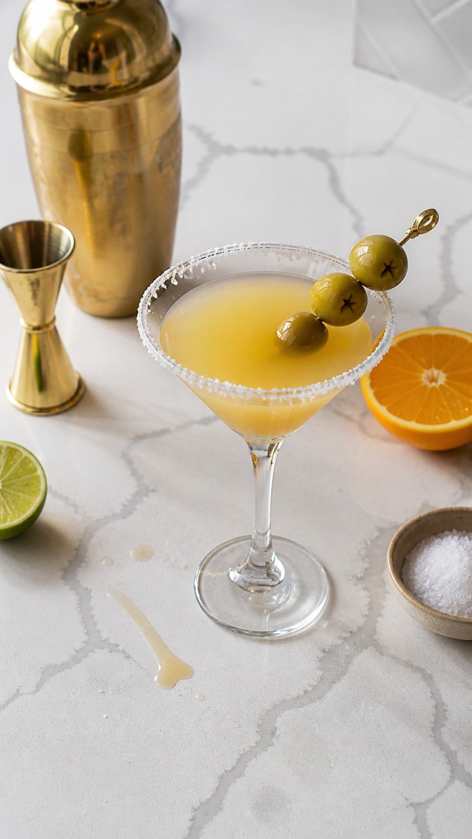 Overhead Mexican martini with lime, orange, cocktail shaker, salt, and jalapeño-stuffed olives.