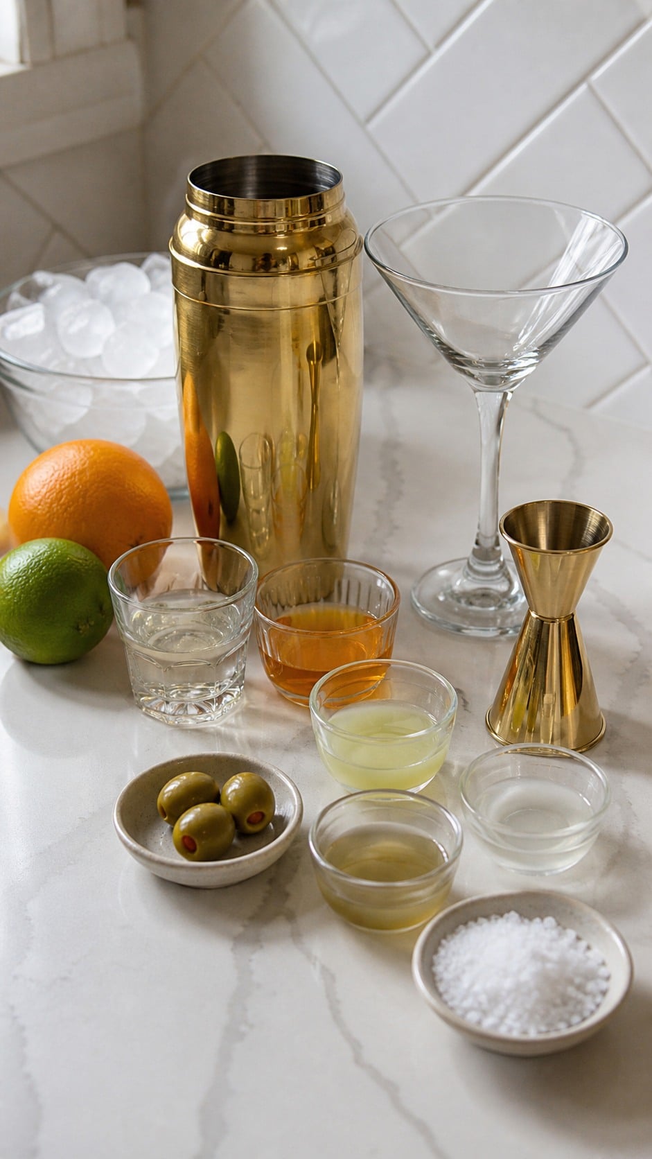 Measured ingredients for a Mexican martini, including tequila, citrus, olive brine, simple syrup, salt, olives, ice, and a cocktail shaker.