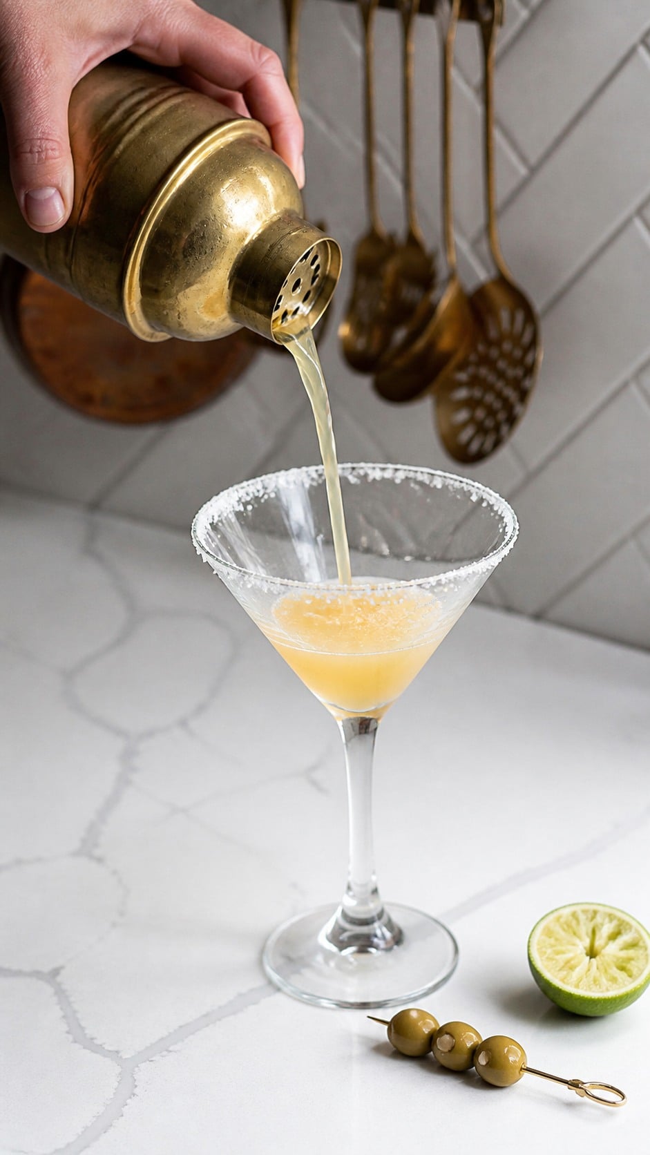 Ice-cold Mexican martini strained from a cocktail shaker into a prepared salt-rimmed glass.
