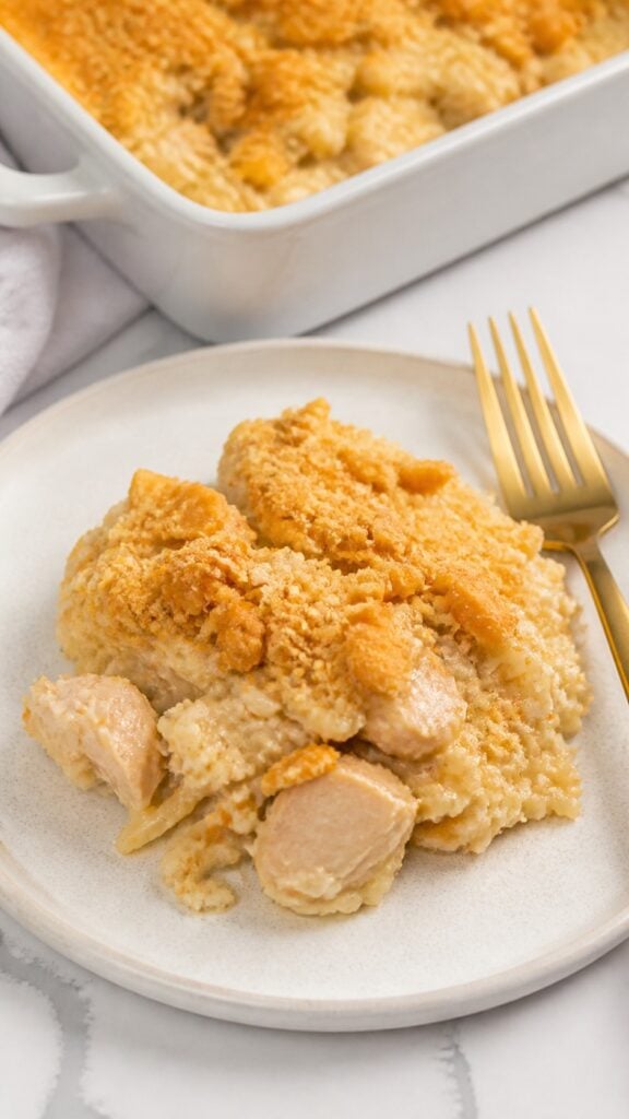 Creamy chicken and rice casserole served with a crisp buttery Ritz cracker topping.
