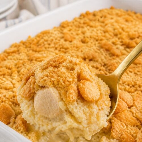 Serving of chicken and rice casserole scooped from the baking dish with buttery cracker topping.