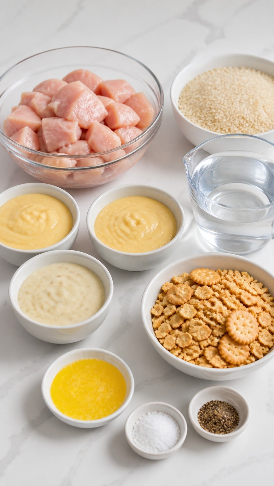 Chicken breasts, parboiled rice, condensed soups, Ritz crackers, butter, salt, pepper, and water for chicken and rice casserole.