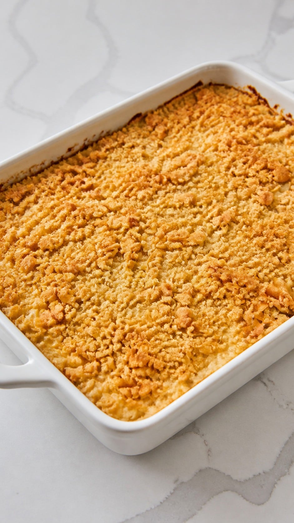 Golden chicken and rice casserole baking in a white 9x13-inch dish.